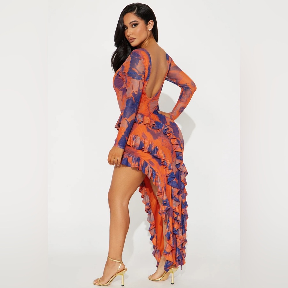 Fashion Nova Vibrant Orange and Blue Long Sleeve Dress